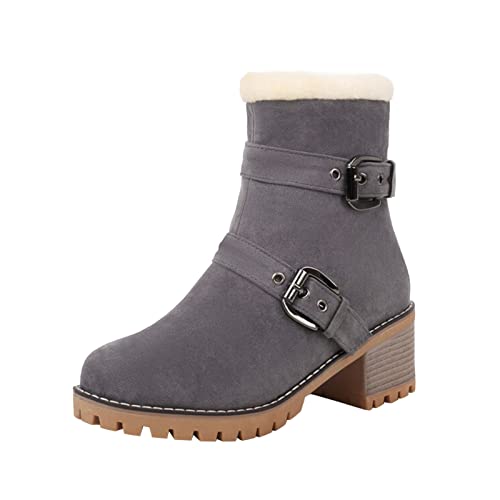 Generisch Damen Schneestiefel Seitlicher Reißverschluss Modische Boots mit Gürtelschnalle Hoher Absatz Angenehme Baumwollinnenlage (Grey, 40) von Generisch