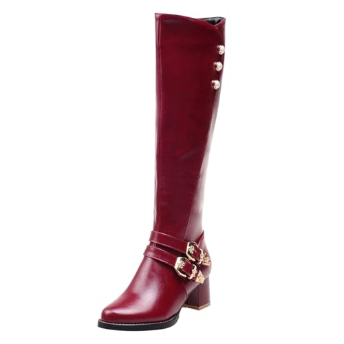Generisch Damen Schuhe Leopard Gürtelschnalle Außenhandel Stiefel Große Größe Hohe Und Winter Damenstiefel Schnittschutz (Red, 42) von Generisch