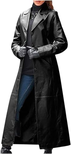 Generisch Damen Schwarzer Langer Ledermantel Elegant Trenchcoat in Voller Länge Kunstlederjacke Mantel lang Damen Kunstledermantel Reverskragen Knopfleiste/Reißverschluss Steampunk PU Mantel von Generisch