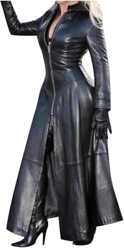 Generisch Damen Schwarzer Langer Ledermantel Elegant Trenchcoat in Voller Länge Kunstlederjacke Mantel lang Damen Kunstledermantel Reverskragen Knopfleiste/Reißverschluss Steampunk PU Mantel von Generisch