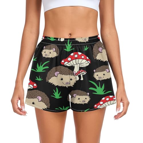 Generisch Damen Shorts Schön Igel Pilze Sportshorts Stretchshorts zum Laufen, Yoga, Fitnessstudio, Strand von Generisch