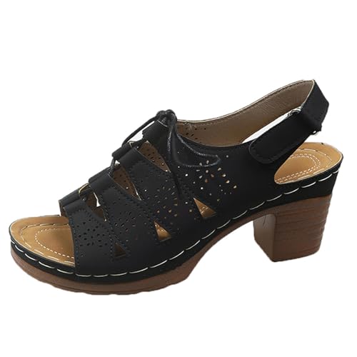Generisch Damen Slingback Plateau Sandalen Ausschnitte zum Binden Atmungsaktive Korksohle Chunky Block Heel Sommersandale mit Knöchelriemen (Black, 42) von Generisch