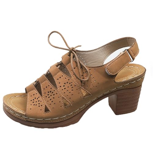 Generisch Damen Slingback Plateau Sandalen Ausschnitte zum Binden Atmungsaktive Korksohle Chunky Block Heel Sommersandale mit Knöchelriemen (Coffee, 42) von Generisch