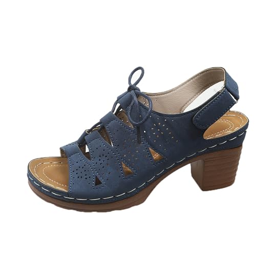 Generisch Damen Slingback Plateau Sandalen Ausschnitte zum Binden Atmungsaktive Korksohle Chunky Block Heel Sommersandale mit Knöchelriemen (Navy, 42) von Generisch