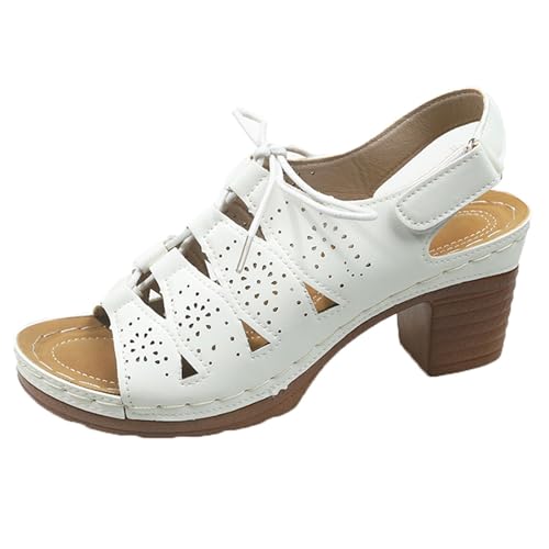 Generisch Damen Slingback Plateau Sandalen Ausschnitte zum Binden Atmungsaktive Korksohle Chunky Block Heel Sommersandale mit Knöchelriemen (White, 42) von Generisch