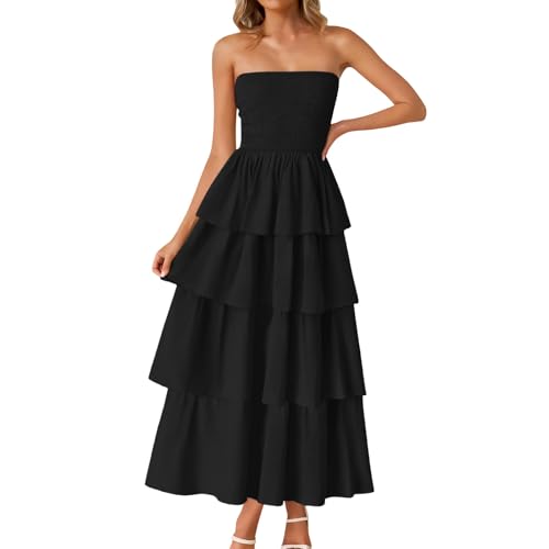 Damen Sommer Boho Trägerloses Maxikleid 2025 Lässig Ärmellos Schulterfrei Gesmokt Stufen Strand Lang Kleider Übergröße Damen (Black, XXL) von Generisch