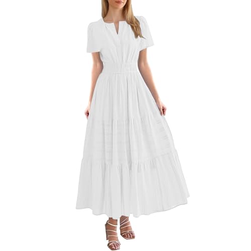 Generisch Damen Sommer Casual Midi Maxi Kleider Leichtes Kurzarm V-Ausschnitt Elastische Taille Boho Strandkleid Taschen Weißes Sommerkleid (White, XL) von Generisch