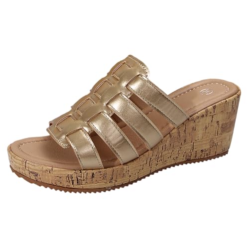 Generisch Damen Sommer Glänzendes Fischmaul Römerschuhe Strand Große Größe Hangabsatz Sandalen Hausschuhe (Gold, 41) von Generisch