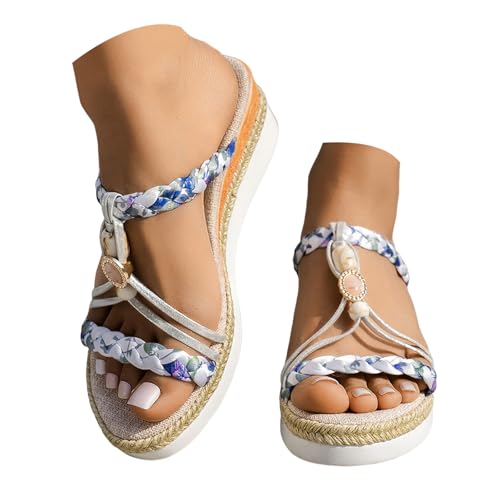 Generisch Damen Sommer Keilsandalen Bohemian Bequeme Mode Strass Frauen Plateau Sandals Elegant Espadrilles Sandalen Strand Rutschfest Barfußschuhe mit Weiches Fussbett (B, 40) von Generisch