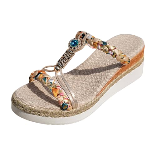 Generisch Damen Sommer Keilsandalen Bohemian Bequeme Mode Strass Frauen Plateau Sandals Elegant Espadrilles Sandalen Strand Rutschfest Barfußschuhe mit Weiches Fussbett (D, 38) von Generisch