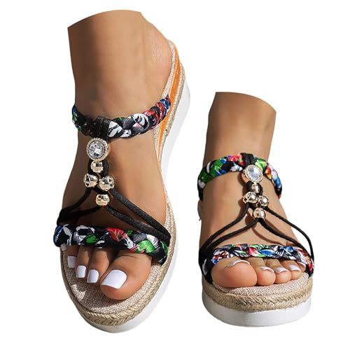 Generisch Damen Sommer Keilsandalen Bohemian Bequeme Mode Strass Frauen Plateau Sandals Elegant Espadrilles Sandalen Strand Rutschfest Barfußschuhe mit Weiches Fussbett (E, 41) von Generisch