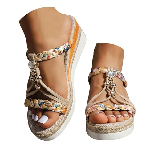 Generisch Damen Sommer Keilsandalen Bohemian Bequeme Mode Strass Frauen Plateau Sandals Elegant Espadrilles Sandalen Strand Rutschfest Barfußschuhe mit Weiches Fussbett (F, 36) von Generisch