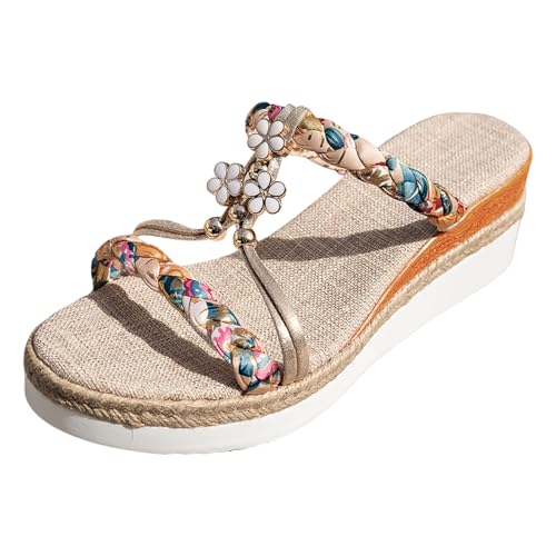 Generisch Damen Sommer Keilsandalen Bohemian Bequeme Mode Strass Frauen Plateau Sandals Elegant Espadrilles Sandalen Strand Rutschfest Barfußschuhe mit Weiches Fussbett (G, 36) von Generisch
