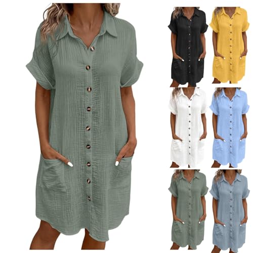 Generisch Damen Sommer Kleid Musselin Kurzarm V-Ausschnitt Casual Einfarbig Elegant Leicht Locker Luftig Strandkleid Freizeitkleid Sommerkleid Blusenkleid Midikleid Hemdkleid Shirtkleid Grün XL von Generisch