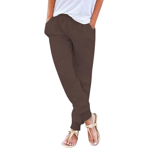 Generisch Damen Sommer Leinenhose 7/8 Leichte Freizeithose Casual Musselin Sommerhose Stoffhose Kordelzug Straight Leg Luftig Hose Mit Taschen von Generisch