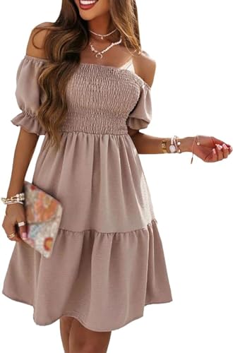 Generisch Damen Sommer Off Shoulder Square Neck Mini Kleid Puff Kurzarm Hohe Taille Rüschen Kleider Casual Swing Round Flutter (Khaki,L) von Generisch