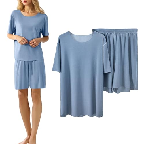 Generisch Damen Sommer Schlafanzug Set Leichtatmend Zweiteiliger Kurzarm Pyjama mit Weicher Loungehose Bequeme Nachtwäsche für Heiße Tage Große Größen & Elegantes Minimaldesign von Generisch