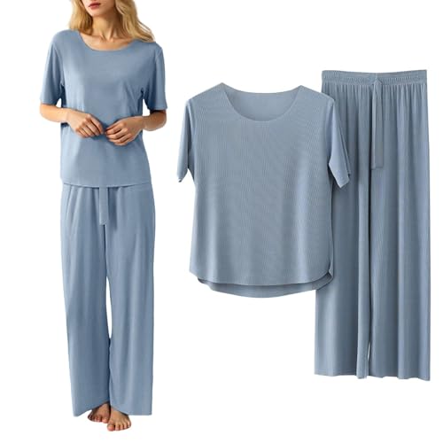 Generisch Damen Sommer Schlafanzug Set Leichtatmend Zweiteiliger Kurzarm Pyjama mit Weicher Loungehose Bequeme Nachtwäsche für Heiße Tage Große Größen & Elegantes Minimaldesign von Generisch