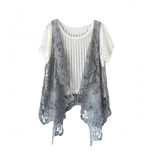 Generisch Damen Sommer Weste Cardigan Hippie Weste Häkeln Hohl Blumenspitze Unregelmäßig Boho Ärmellos Weste Cardigan Kurz Shrug Bolero Cover Up Outwear Graue Spitzenweste von Generisch