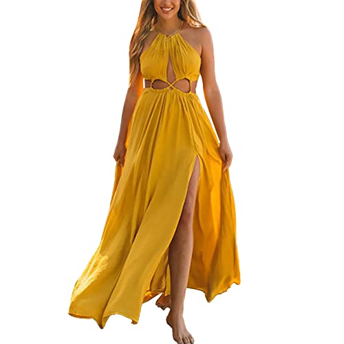 Generisch Damen Sommer ärmelloses hohles rückenfreies Maxikleid böhmisches lässiges Schlitzkleid Kleid Hochzeit Langarm (Yellow, L) von Generisch