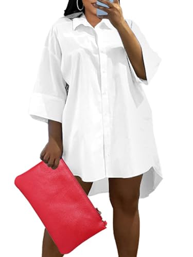Generisch Damen Sommerkleid Kurz Strandkleid Tunika Kleid Hemdblusenkleid Minikleid ALinie Einfarbig Kurzarm Mittellang Freizeitkleid Urlaubskleid Elegant Partykleid Weiß S von Generisch