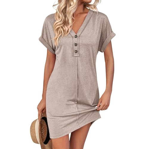 Generisch Damen Sommerkleid Kurz mit Ärmeln Blusenkleid V Ausschnitt Kleid Damen Sommer Elegant Kurzarm Sommerkleider Leicht Und Luftig Tunika Kleid Frauen mit Knopfleiste Strandkleid Freizeitkleid von Generisch