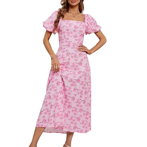 Generisch Damen Sommerkleid Lang Blumenmuster Quadratischer Ausschnitt Puffärmel Hohe Taille Bindegürtel Trendkleid 2025 von Generisch
