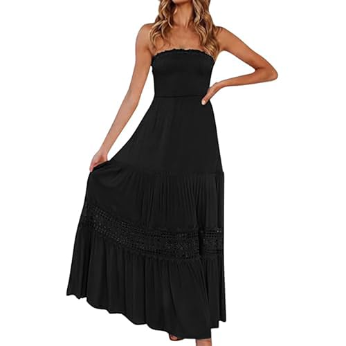 Generisch Damen Sommerkleid & Strandkleid Lang Trägerloses Bandeau Maxikleid Mit Schulterfreies Spitzenbesatz Strandkleid, Schulterfreies Swing-A-Line Design Für Strandurlaub Sommerfeste Partys von Generisch