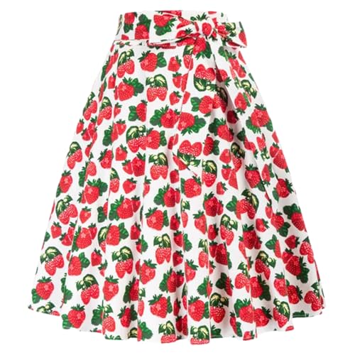 Generisch Damen Sommerrock Hohe Taille Selbstgebunden Schleife A-Linie Rock Retro Knielang Rock, erdbeere, Small von Generisch