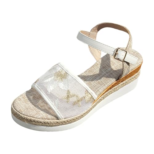 Generisch Damen Sommerschuhe mit Keilabsatz Bohemian Elegant Espadrilles Sandalen Bequeme Frauen Plateau Barfußschuhe Breite Füße mit Weiches Fussbett und Einstellbarer Schnalle (White, 37) von Generisch