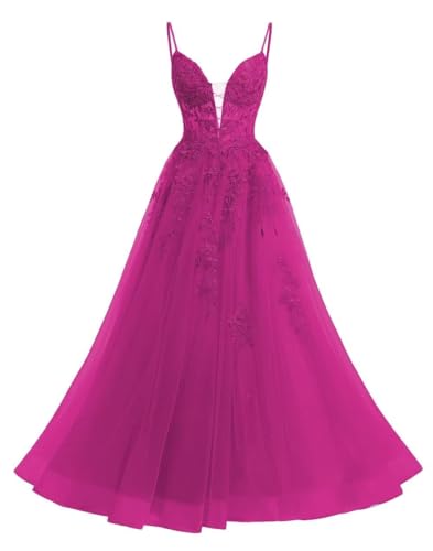 Generisch Damen Spaghettiträger Tüll Lange Ballkleider Spitzenapplikationen V-Ausschnitt Abend Cocktail Party Kleider mit Taschen Fuchsia L von Generisch