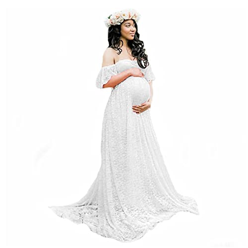 Generisch Damen Spitze Off-Shoulder Lange Umstandsmode Props Floral Spitzenkleid Plus Size Schwanger Ausgefallenes Schwangerschaftskleid Fotoshooting (XL,Weiß) von Generisch