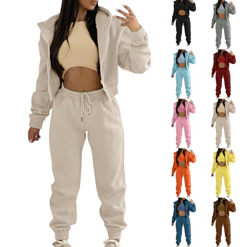 Generisch Damen Sportanzug 3 Stücke Damen Jogginganzug Sport Sets Yoga Outfit Freizeitanzug Sportswear Langarm Kapuzenjacke + Crop Top + Jogginghose mit Taschen (00 Khaki, L) von Generisch