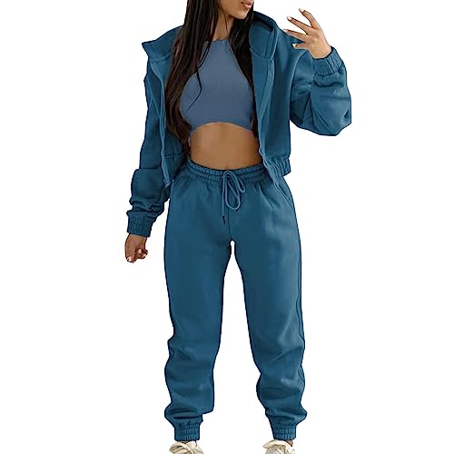 Generisch Damen Sportanzug 3 Stücke Damen Jogginganzug Sport Sets Yoga Outfit Freizeitanzug Sportswear Langarm Kapuzenjacke + Crop Top + Jogginghose mit Taschen (Marine, S) von Generisch