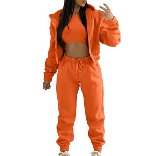 Generisch Damen Sportanzug 3 Stücke Damen Jogginganzug Sport Sets Yoga Outfit Freizeitanzug Sportswear Langarm Kapuzenjacke + Crop Top + Jogginghose mit Taschen (Orange, S) von Generisch