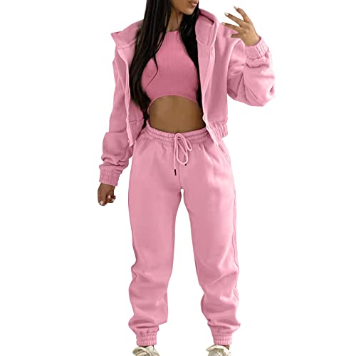 Generisch Damen Sportanzug 3 Stücke Damen Jogginganzug Sport Sets Yoga Outfit Freizeitanzug Sportswear Langarm Kapuzenjacke + Crop Top + Jogginghose mit Taschen (Rosa, XXL) von Generisch