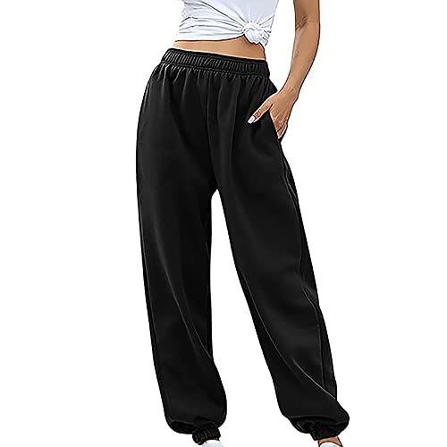 Generisch Damen Sporthose Jogginghose Laufhosen Gummibund Sweathose mit Taschen Stoffhose Damen High Waist Bequeme Lockere Freizeithose Fitness Loungewear(Schwarz, S) von Generisch