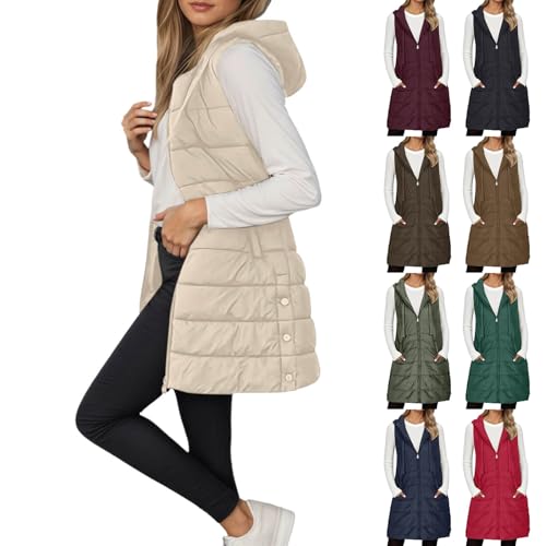 Generisch Damen Steppweste Lange Leichte Weste mit Kapuze Ultraleicht Ärmellos Warme Winterjacke Einfarbig Weste Jacke Gilet Elegant Übergangsweste Mode Oversize Softshelljacke von Generisch