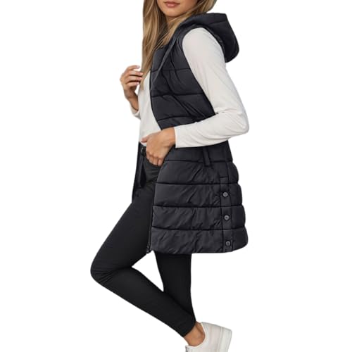 Generisch Damen Steppweste Lange Leichte Weste mit Kapuze Ultraleicht Ärmellos Warme Winterjacke Einfarbig Weste Jacke Gilet Elegant Übergangsweste Mode Oversize Softshelljacke von Generisch