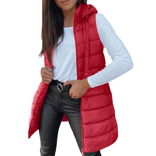 Generisch Damen Steppweste Lange Leichte Weste mit Kapuze Ultraleicht Ärmellos Warme Winterjacke Einfarbig Weste Jacke Gilet Für Mädchen Elegant Übergangsweste Mode Oversize Softshelljacke von Generisch