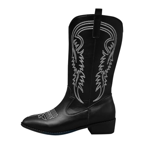 Generisch Damen Stickerei Western Ärmel Stiefel,Einfarbige Rutschfeste Blockabsatz,Damen Hohe Lederstiefel Mit Weiter Wade,Mid Calf Stiefel Spitzkopf,Plateau Lederstiefel von Generisch
