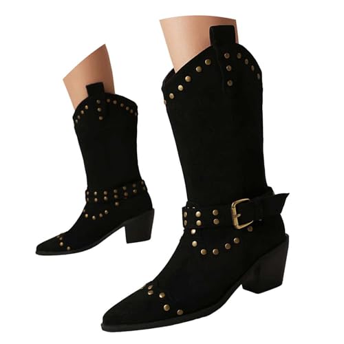 Generisch Damen Stiefel, Reißverschluss, Plateau, mittelhohe Wadenhöhe Cowboystiefel für Damen,quadratische Zehenpartie, Reitstiefel, Blockabsatz, niedriger Absatz, Used Look, Nietenstiefel (36) von Generisch