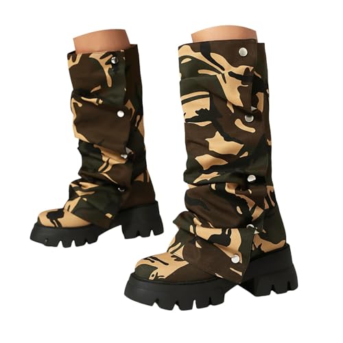Generisch Damen Stiefel, Reißverschluss, Plateau, mittelhohe Wadenhöhe Slouchy Stiefel für Damen, Plateaustiefel mit Umschlag,Lederstiefel, klobiger Knopf, Partyschuhe, Motorradstiefel (38) von Generisch