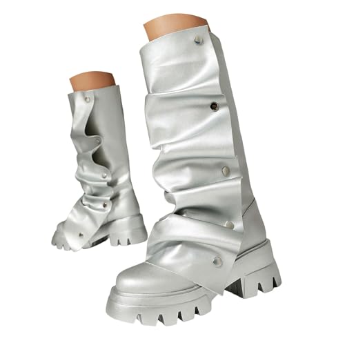 Generisch Damen Stiefel, Reißverschluss, Plateau, mittelhohe Wadenhöhe Slouchy Stiefel für Damen, Plateaustiefel mit Umschlag,Lederstiefel, klobiger Knopf, Partyschuhe, Motorradstiefel (38) von Generisch