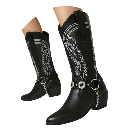 Generisch Damen Stiefel, Reißverschluss,mittelhohe Wadenhöhe Stiefelette mit Hohem Absatz Seitlichem Damen Ankle Boot Reitstiefel mit Kettenspitze, Ferse bestickter Schlupfstiefel aus Kunstleder (38) von Generisch