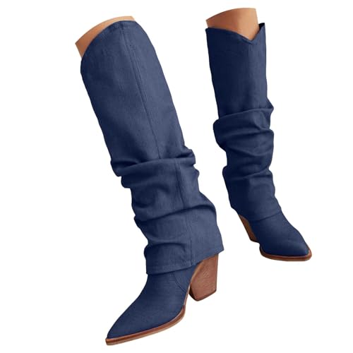 Generisch Damen Stiefel Mit Gestapeltem Absatz Damen Jeansstiefel mit Blockabsatz überklappbarem Knie, modisch,niedriger, klobiger Absatz, lässige lange Stiefel, breiter Wade (Blue, 36) von Generisch