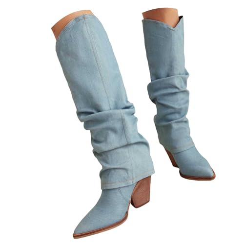 Generisch Damen Stiefel Mit Gestapeltem Absatz Damen Jeansstiefel mit Blockabsatz überklappbarem Knie, modisch,niedriger, klobiger Absatz, lässige lange Stiefel, breiter Wade (Light Blue, 36) von Generisch