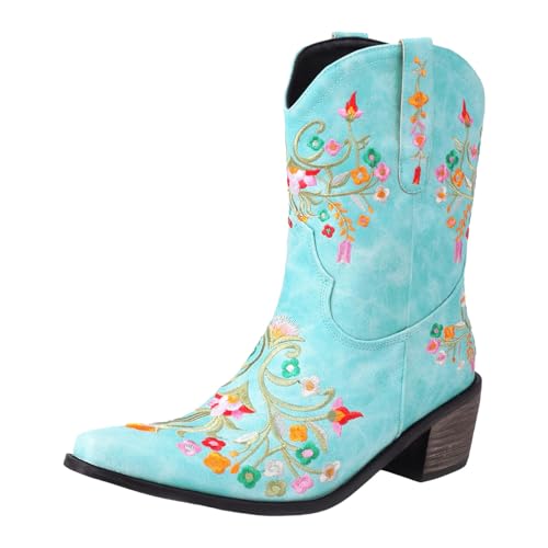 Generisch Damen Stiefel Mit Gestapeltem Absatz Damen Stiefeletten mit Blumenstickerei, floraler Ausschnitt, quadratische Zehenpartie, Western Cowboystiefel, kurze Stiefel zum Überziehen (Blue, 44) von Generisch