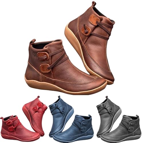 Generisch Damen Stiefel Mittelalterliche PU-Lederschuhe mit flachem Boden Knöchelschuhe Rund Toe Flache Stiefeletten Schnürung Schuhe rutschfeste Damenstiefel Comfort Knöchel Schuhe Slipper von Generisch