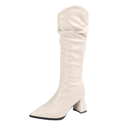 Generisch Damen Stiefel mit Absatz Elegant Spitz Damen Stiefel mit Absatz aus Wildleder Blockabsatz Comfort Fit Slouchy Kniehohe Weite Wade Spitze Zehen Blockabsatz Winterschuhe (White, 36) von Generisch